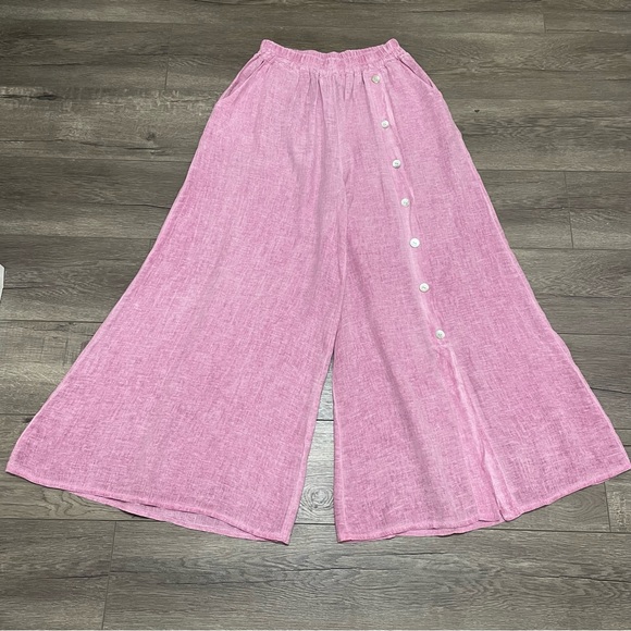 MEO MELI BUTTON PANTS Wide Leg High Waisted Pink 100% Linen Made in Italy OS - Picture 1 of 8
